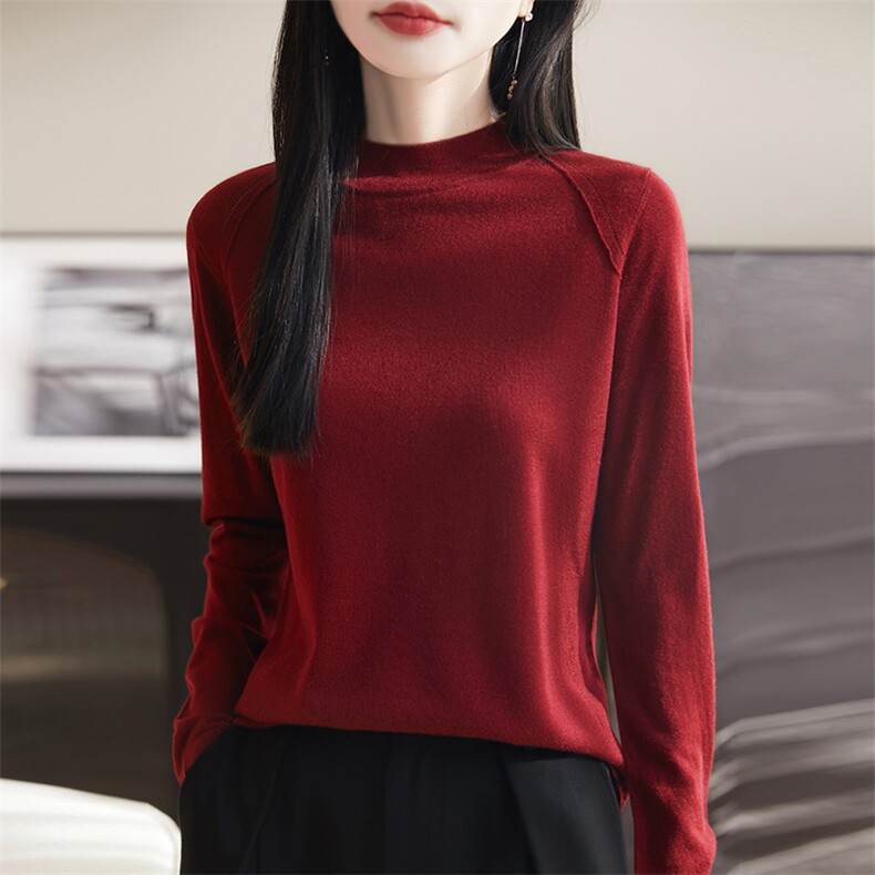 半高领桑蚕丝精纺羊毛衫女春秋莱赛尔长袖针织毛衣宽松打底衫上衣,女装羊毛衫,朝思羊绒