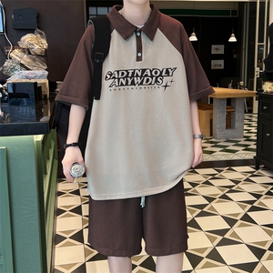 F346-P50 夏季潮牌休闲运动两件套男设计感帅气撞色翻领短袖短裤图片