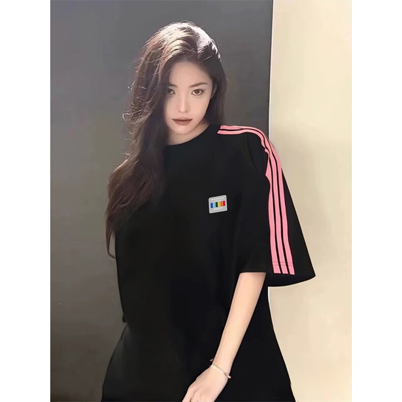 抖音得物品质二开240克宽松纯棉美式潮牌印花三条杠中性风短袖T恤图片