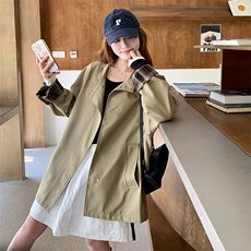新款！格纹拼接卡其色风衣外套2c169-2565-P160K238，女装风衣，2C169