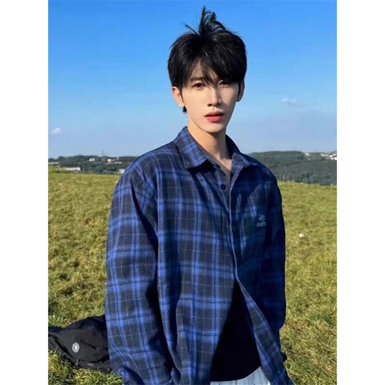 蓝色格子长袖衬衫男女款2025春秋冬季格纹衬衣外套CS380,男装衬衫,星座1116A（原606A-3）