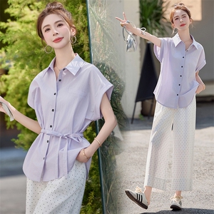 2025夏季新款韩系设计感百搭显瘦时尚翻领松紧系带短袖衬衫女上衣图片