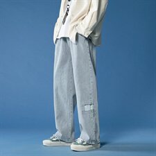 K716-P55蓝背景中性男女破洞补丁牛仔裤男宽松大码拖地裤，男装休闲裤，电商B369（原A024）