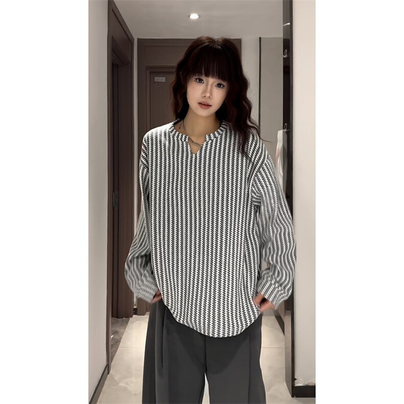 美式高街千鸟格子长袖T恤男女亨利V领英伦雅痞休闲宽松长袖打底衫,男装T恤,电商A486