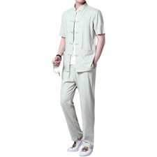2023新款夏季男士休闲亚麻风短袖套装中年爸爸装薄款唐装，男装休闲套装，电商B212（原钱塘6029）