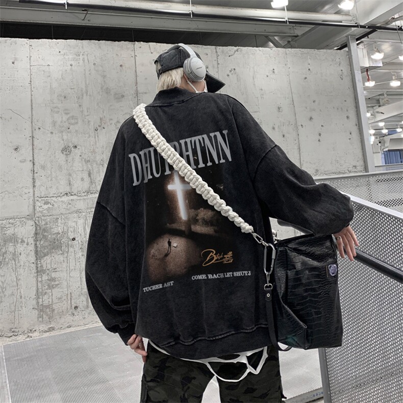 水洗做旧加绒加厚卫衣男2026冬高领十字架打底衫XZ514-2-X53-P78,男装T恤,星座514-2(原B239)