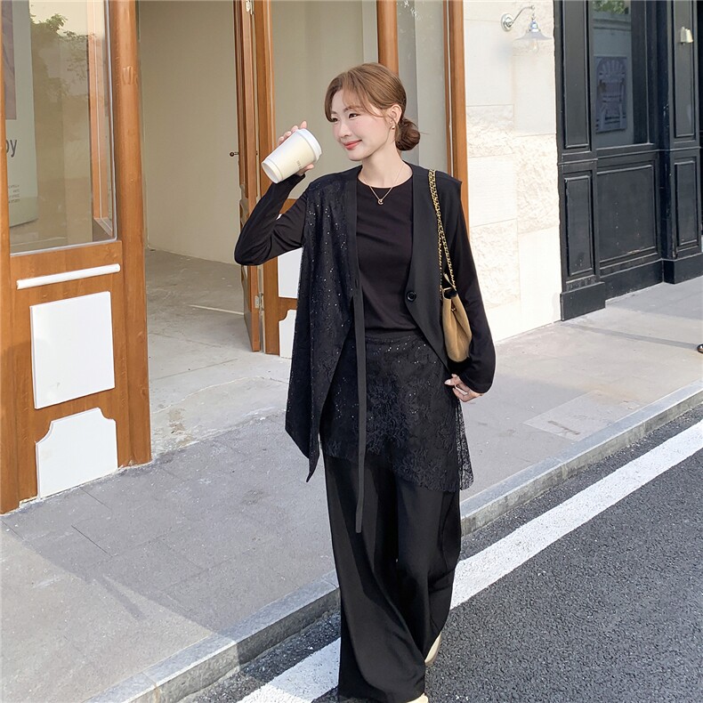 2D078-T1943-P195K298T恤+设计感亮片蕾丝拼接马甲+裤子3件套,女装套装/套裙,2D078