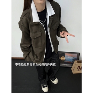 现货水洗麂皮假两件老钱风艾克夹克,夏季名宿风穿搭男图片