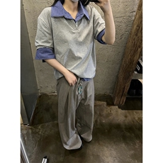 得物抖音高品质二开夏季美式潮牌高街假两件格子衬衣翻领短袖T恤，男装T恤，电商A486