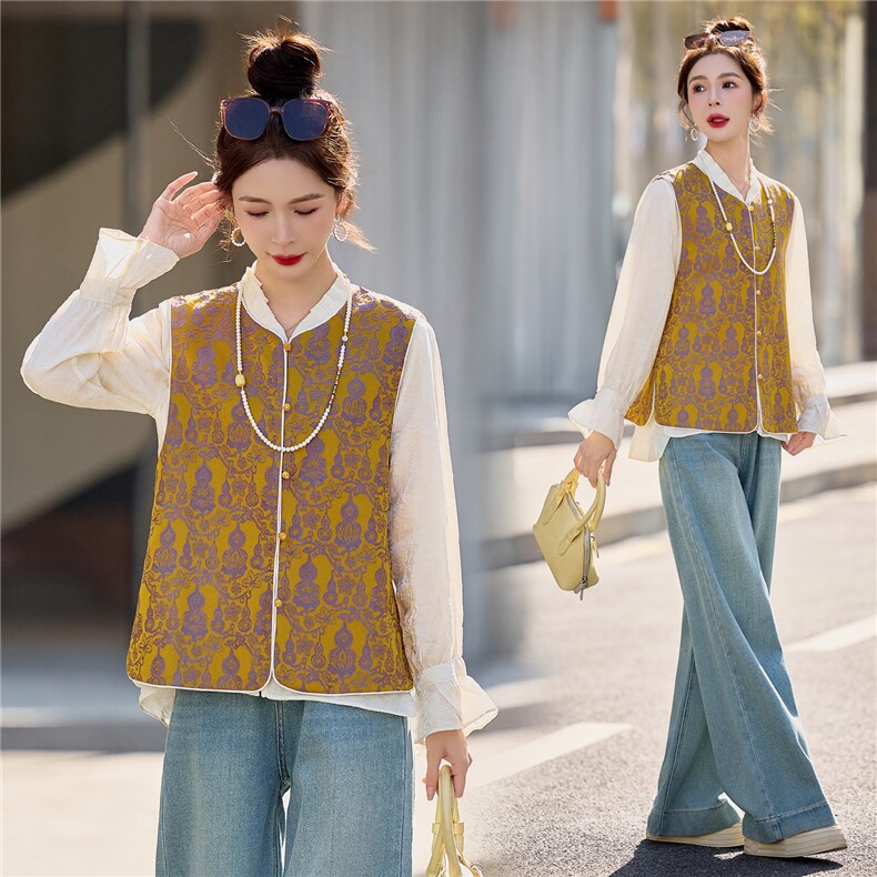 【春季女装新款】2026大量现货春季时尚新中式葫芦图案两面穿马甲，女装马甲，缘衣格