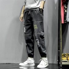 2021春季新大码日系束脚字母印花破洞拼接九分牛仔裤男N8102-P55，男装牛仔裤，电商A001
