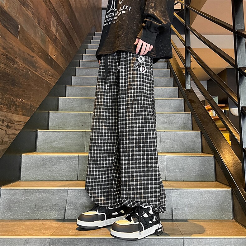 8XL-M送徽章扣!美式复古格子裤宽松垂感阔腿休闲松紧K9104P58控78，男装休闲裤，电商D206-1