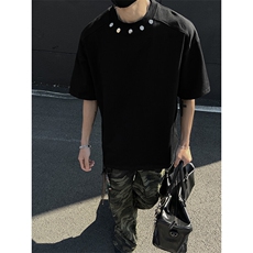 高品质二开240克宽松纯棉美式高街痞帅金属纽扣短袖T恤SH2501，男装T恤，电商A486-1