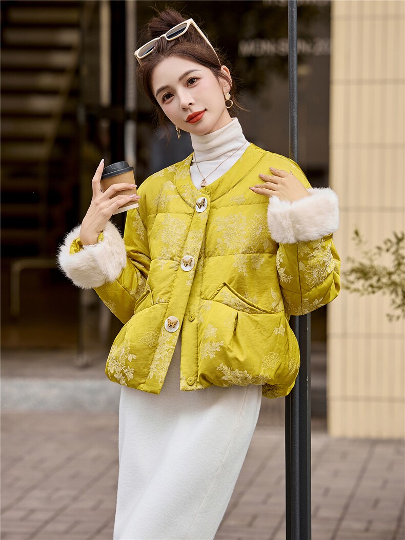 新中式90提花羽绒服2025年冬季新款高级感优雅气质白鸭外套,女装羽绒服,玖莱伊