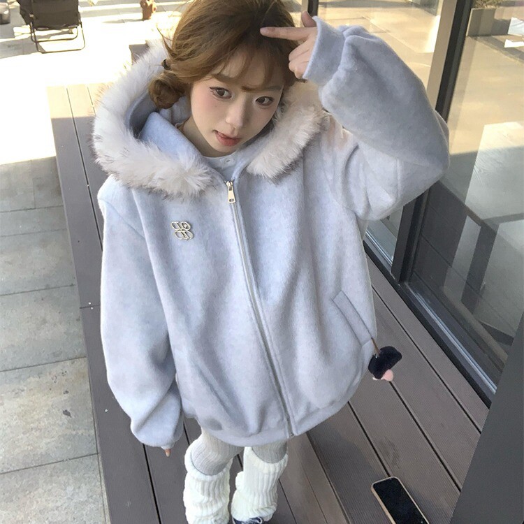 甜美学院慵懒风蓬松毛领连帽开衫卫衣女秋冬新款时尚简约百搭外套,女装短外套,星座218-8