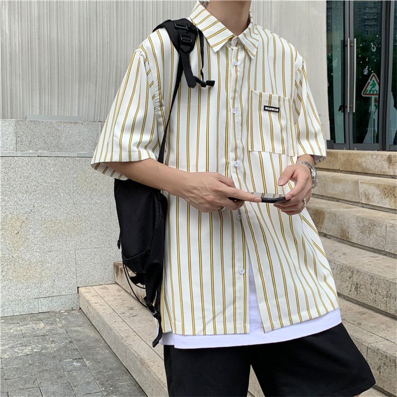 2023夏季薄款条纹短袖衬衫休闲日系学生设计感小众衬衣W991-P32,男装衬衫,星座512-2