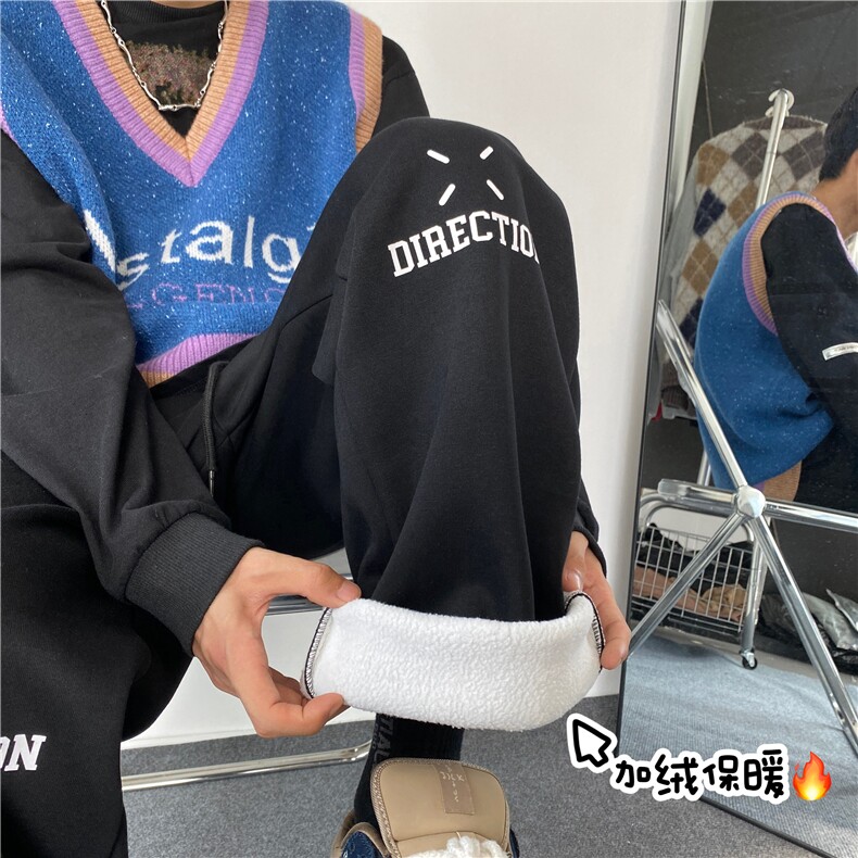 2023冬季保暖加绒字母印花宽松直筒休闲卫裤B315-K23505-p65控78图片