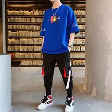 新款夏季短袖宽松T恤套装男装时尚休闲两件套体恤上衣F174P75，男装休闲套装，电商A086