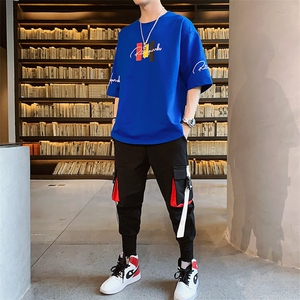新款夏季短袖宽松T恤套装男装时尚休闲两件套体恤上衣F174P75图片