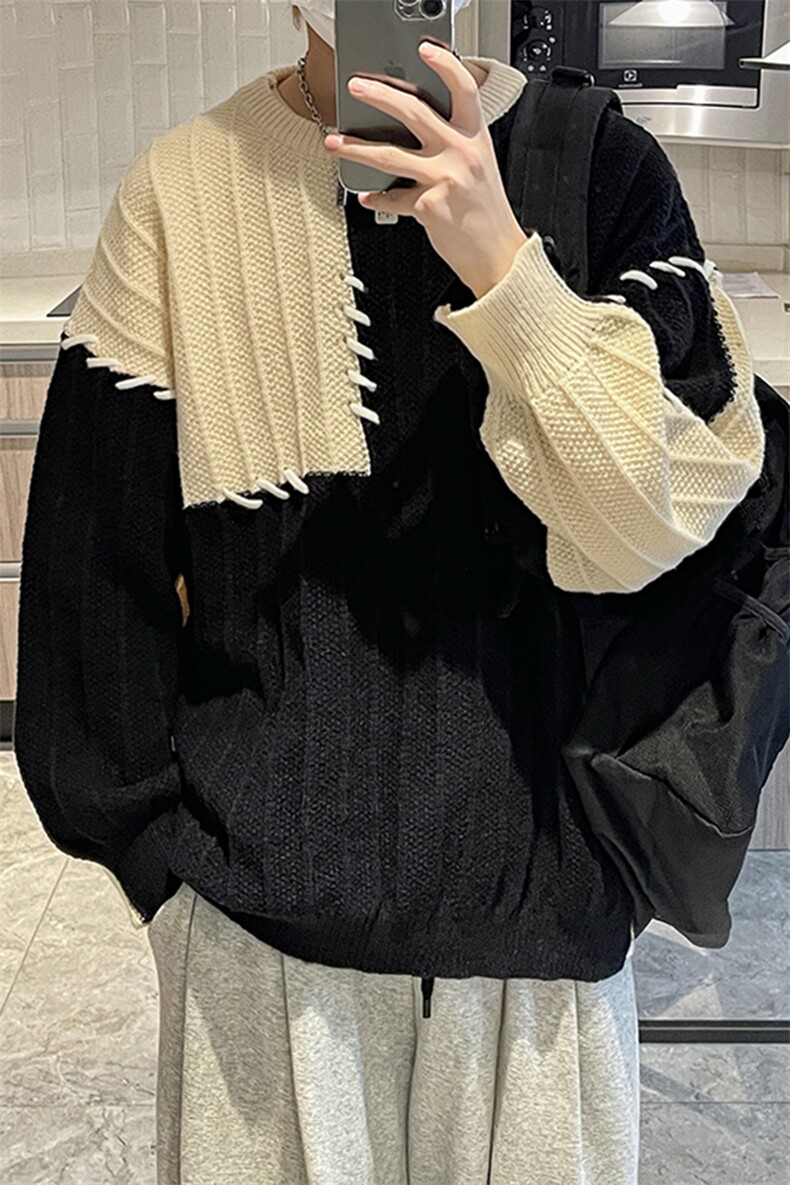秋季新款港风美式潮牌宽松百搭拼色套头圆领毛衣男insMY1496-P50,男装针织衫/毛衣,星座313A(原308A-2)