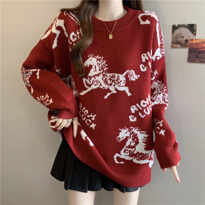 网图红色马年毛衣男女秋冬季加厚款高级感针织衫打底毛线上衣潮,男装T恤,四季星座505