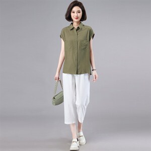 时尚套装女2023夏季新款天丝上衣休闲裤搭配一整套中年妈妈两件套图片