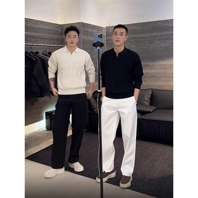 条纹肌理感毛衣V领polo针织衫长袖16801-P65,男装Polo衫,星座1012-1