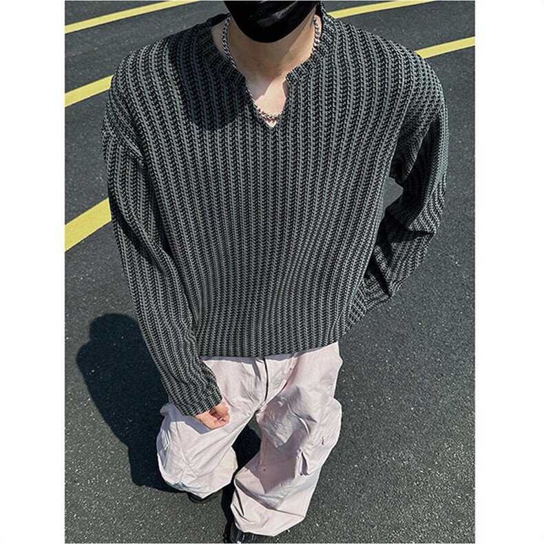 美式高街千鸟格子长袖T恤男女亨利V领英伦雅痞休闲宽松长袖打底衫，男装T恤，电商A443