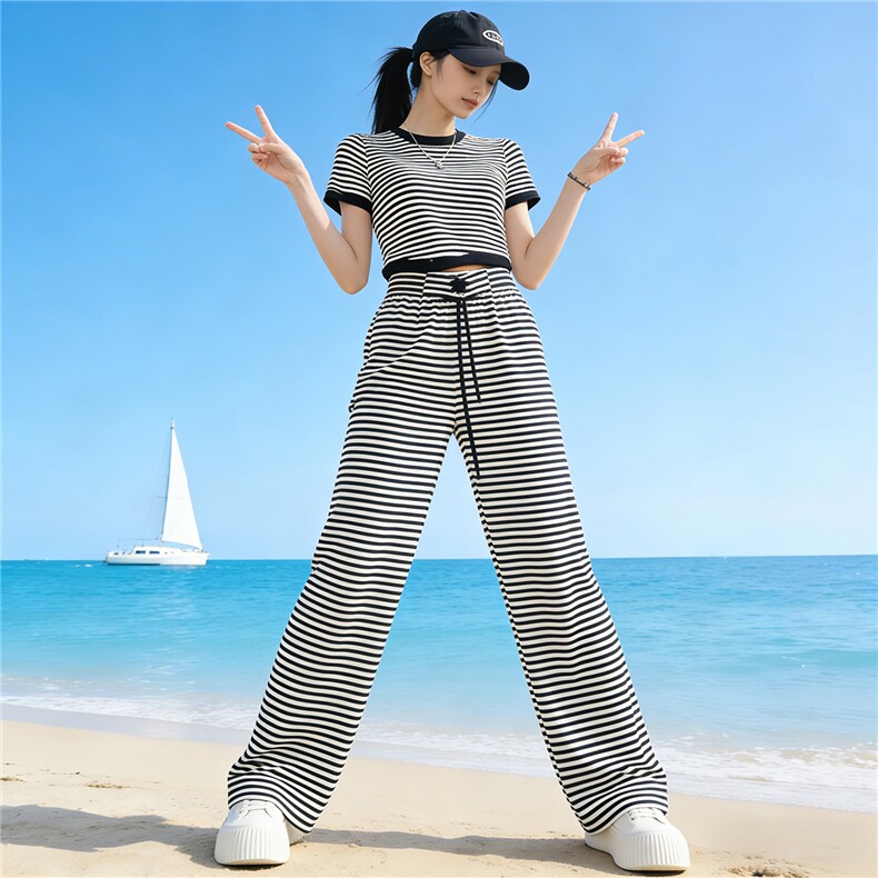 黑白条纹阔腿裤套装女夏季新款潮流时尚显瘦短款上衣长裤两件套潮,女装套装/套裙,江南