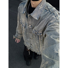 美式高街重磅毛边满印提花牛仔外套男款春季水洗做旧工装夹克男，男装夹克，星座410-7