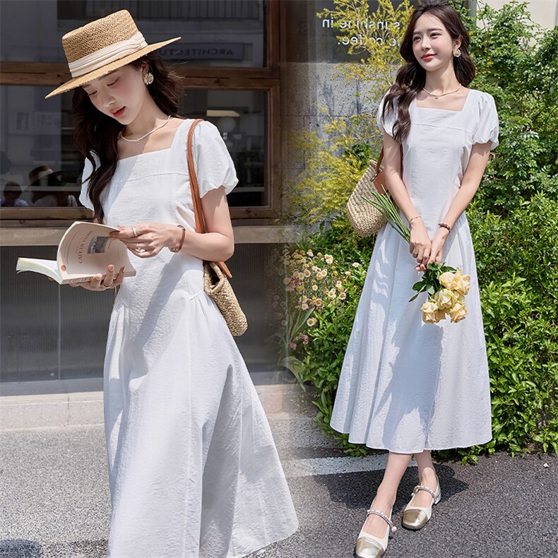 洋气绝美白色连衣裙女2025夏新款方领法式收腰显瘦气质泡泡袖长裙,女装连衣裙,潮流依族