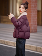 90绒。数据好，三年不下架，2025冬季短款羊羔毛拼接领羽绒服外套，女装短外套，E百度