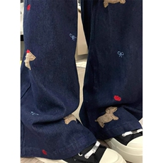 AK2117-P55美式复古小狗贴布刺绣宽松休闲阔腿牛仔裤，女装休闲裤，星座617A-2