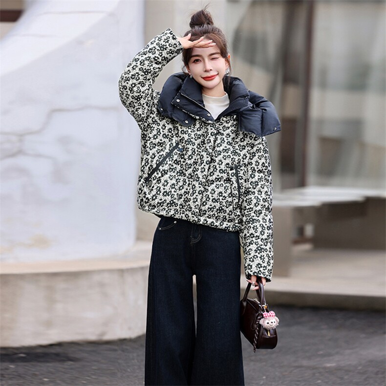 时尚印花连帽羽绒服女2024冬季洋气独特别致小个子短款白鸭绒外套,女装羽绒服,歌伊格美