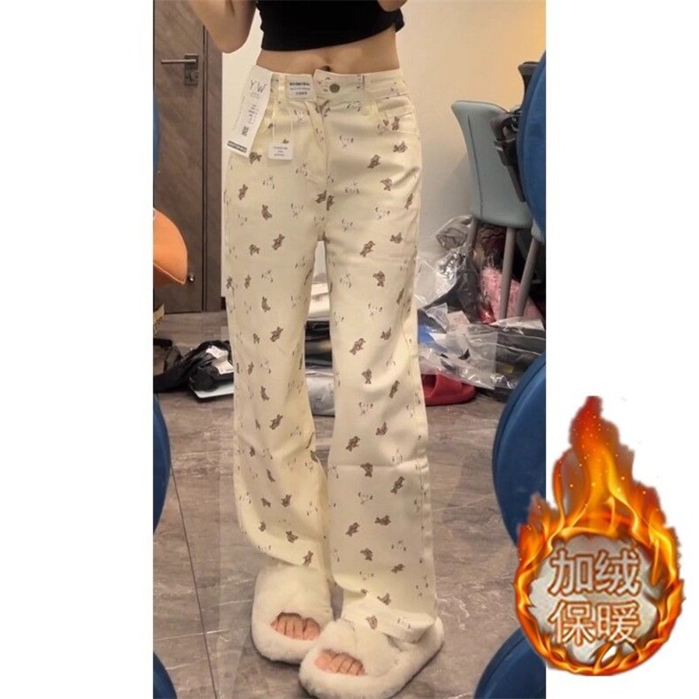 美式复古小熊印花直筒牛仔裤女秋冬加绒小众设计感宽松显瘦阔腿裤,男装牛仔裤,星座506A