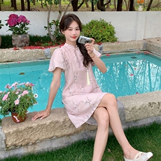 新中式盘扣收腰连衣裙女2025夏季新款气质温婉改良旗袍裙，女装连衣裙，浪娴服饰