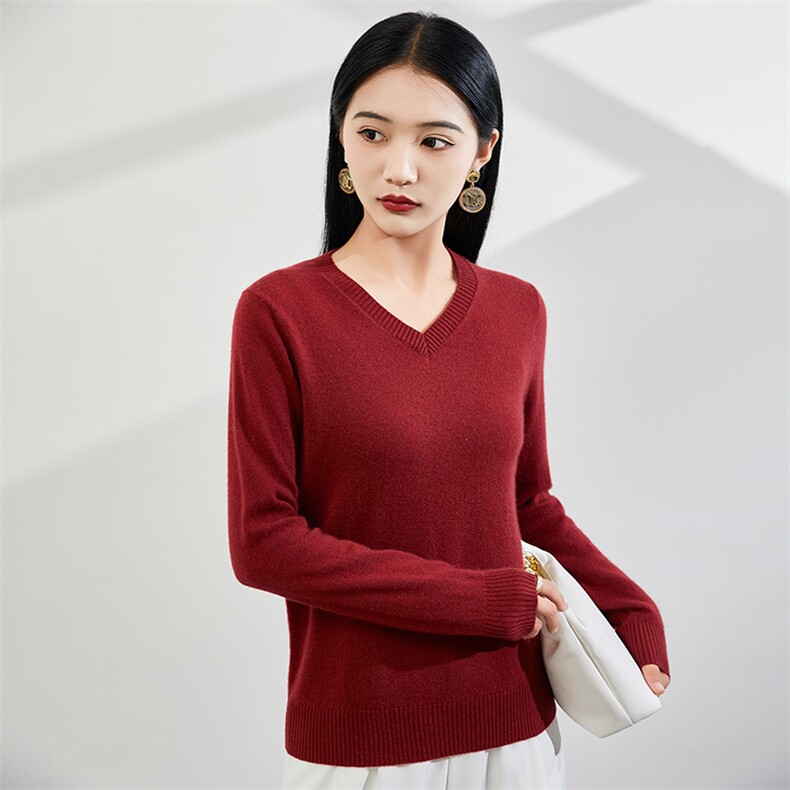 2024秋冬新款35%山羊绒女士净面V领羊绒衫,女装羊绒衫,润辉羊绒