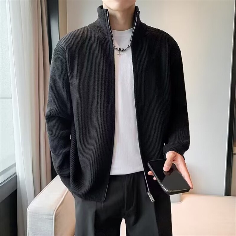 潮流半高领针织开衫毛衣男冬季保暖黑色青年男士开拉链外套,男装针织衫/毛衣,星座506A