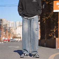 春款复古水洗做旧设计宽松牛仔裤男宽松直筒牛仔裤N06017-P45，男装牛仔裤，星座308B-1