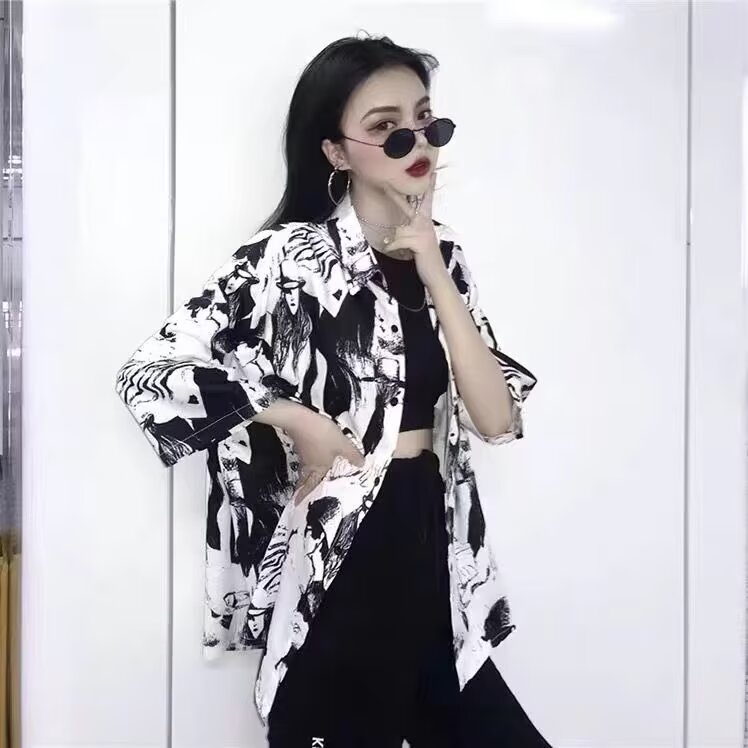 网红港风2025时尚短袖衬衫女夏季新款设计感小众复古外穿宽松上衣,男装T恤,星座506A