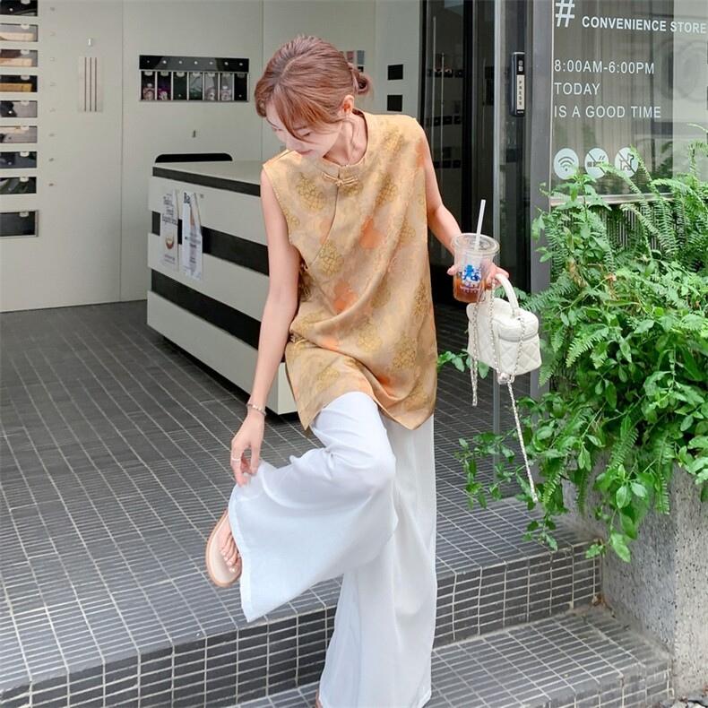 新中式轻奢高端套装女夏季盘扣立领印花无袖上衣阔腿裤裙两件套潮图片