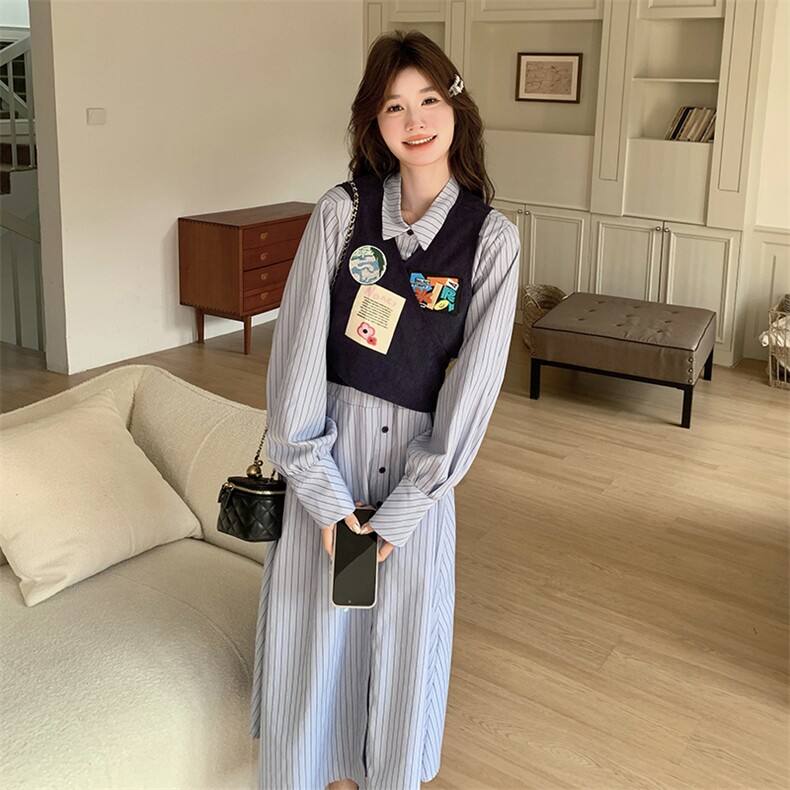 假两件绣标连衣裙2C198-5887-P145K218,女装连衣裙,2C198