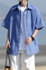 8XL-M短袖衬衫男夏宽松慵懒风痞帅条纹格子衫半袖外套DC28005P40，男装衬衫，电商B312