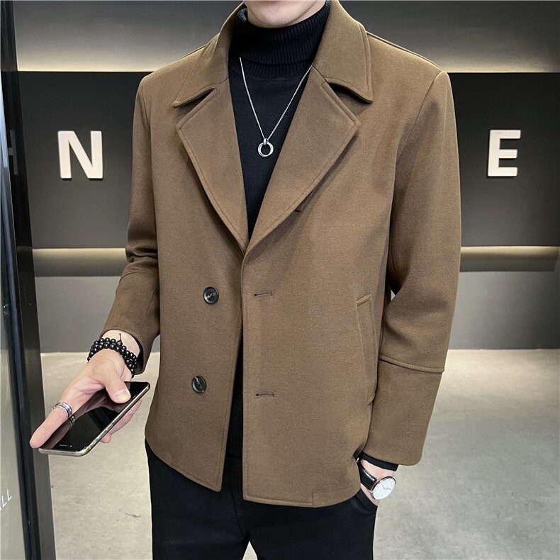 2023春季翻领毛呢风衣男士短款修身衣潮流休闲呢子外套，男装风衣，电商B248