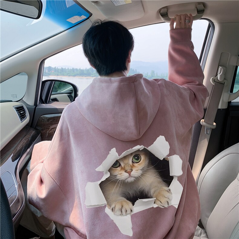 2025秋季新款日系猫咪印花麂皮绒宽松连帽卫衣wljp5002-特p45控79图片