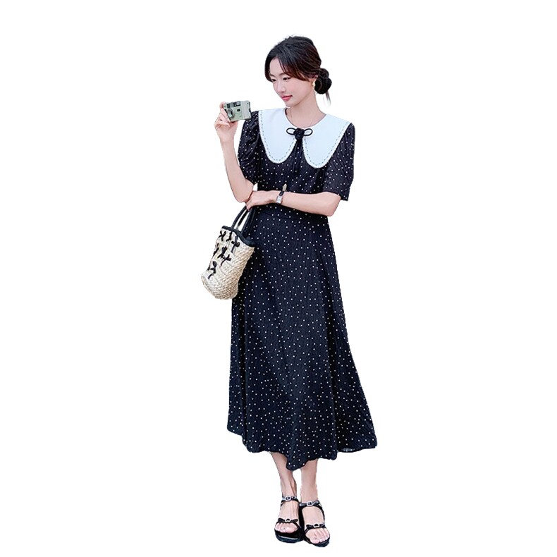 法式复古娃娃领波点连衣裙女夏季2025新款修身显瘦赫本风过膝长裙,女装连衣裙,2C113
