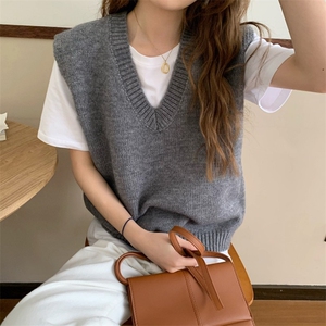 春秋纯色针织马甲女v领背心宽松叠穿毛衣坎肩针织衫软糯百搭图片