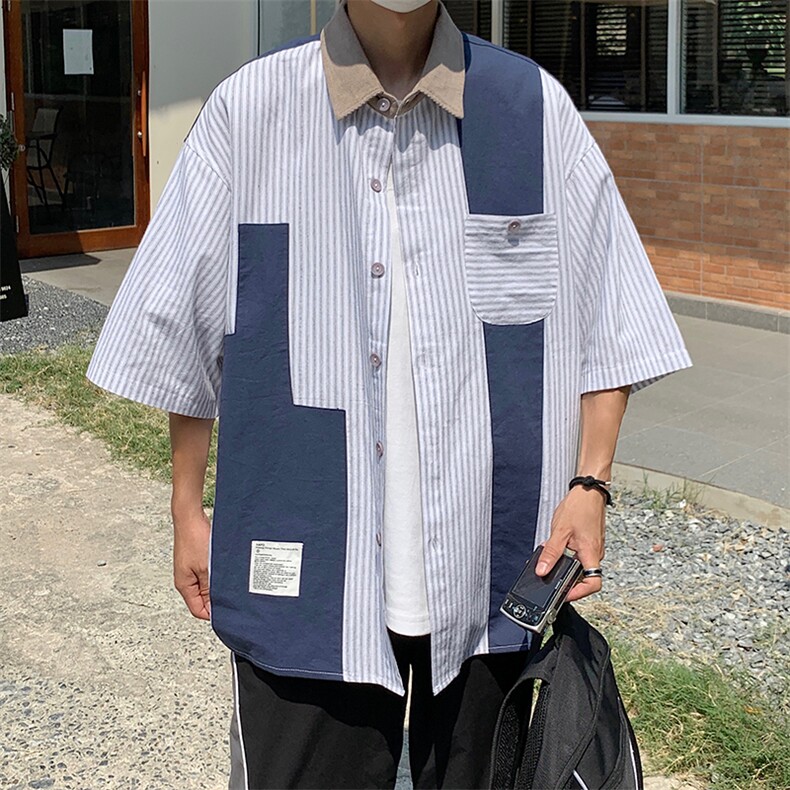 S29-P34日系复古条纹拼接短袖衬衫,男装衬衫,星座1501-1