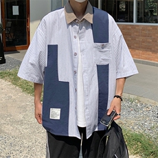 S29-P34日系复古条纹拼接短袖衬衫，男装衬衫，星座1501-1
