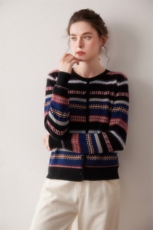 费尔岛提花100%纯山羊绒开衫条纹修身女针织外套圆领2025秋冬毛衣，女装针织衫/毛衣，美创羊绒